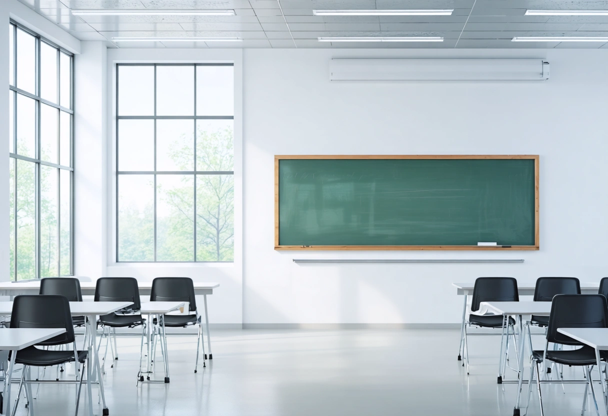An empty classroom with natural light coming through large windows, chairs arranged in a circle
