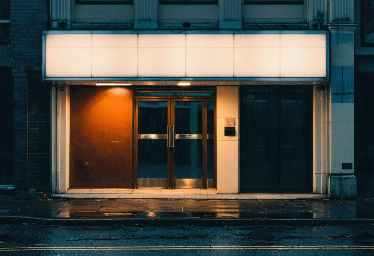 A small independent cinema at dusk with lights glowing through glass doors