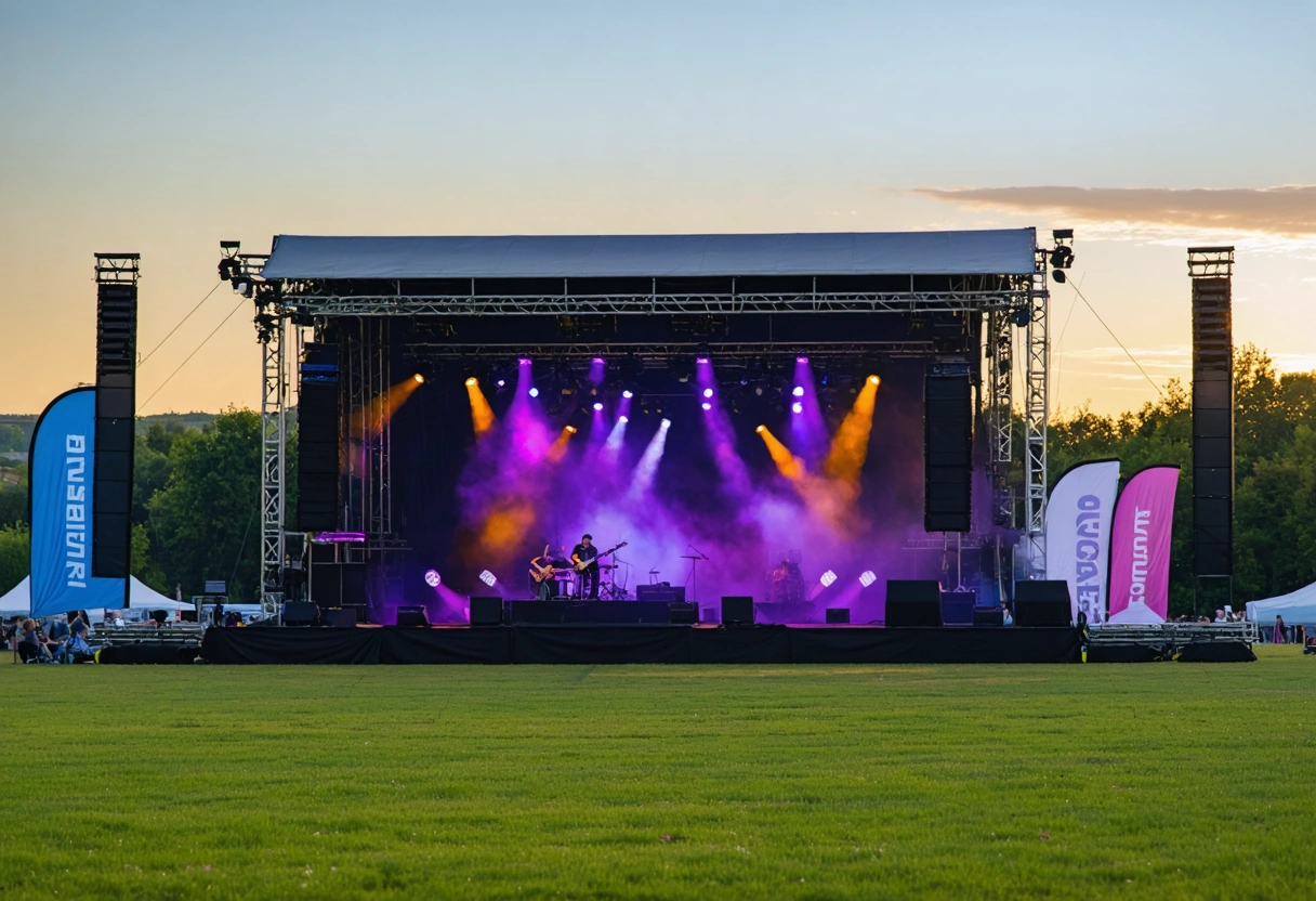 An outdoor stage setup in a field at golden hour with soft stage lighting