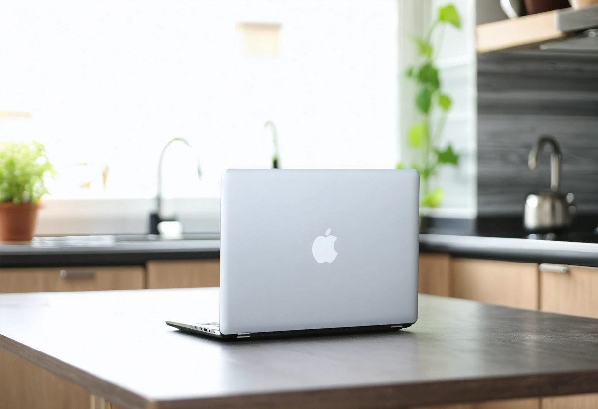 A family laptop on a kitchen table, screen showing a lock icon on a blue background