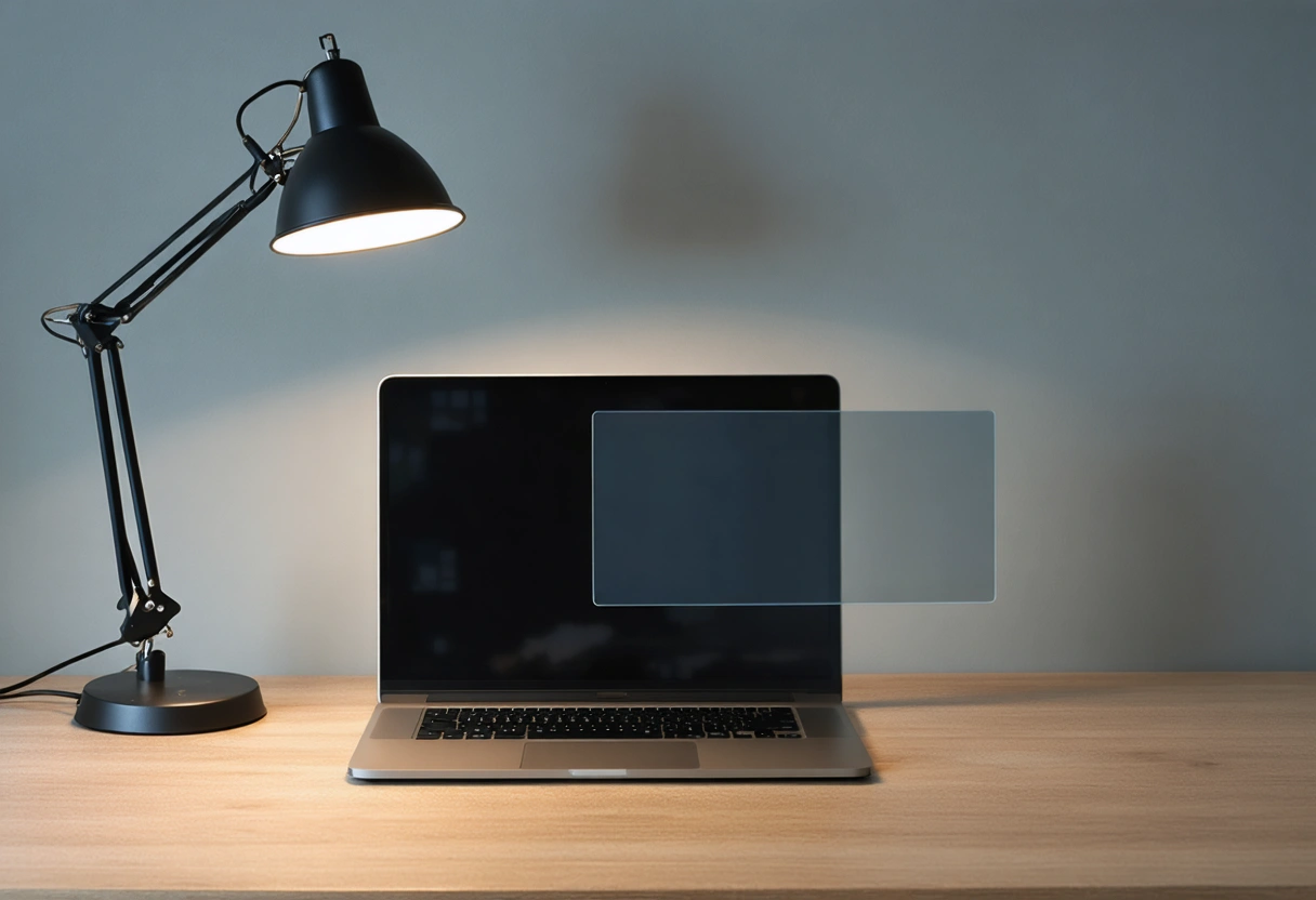 A laptop with a privacy screen protector on a minimalist wooden desk