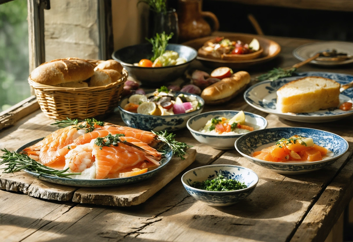 A wooden table set with various Canadian regional dishes including fresh seafood and seasonal produce