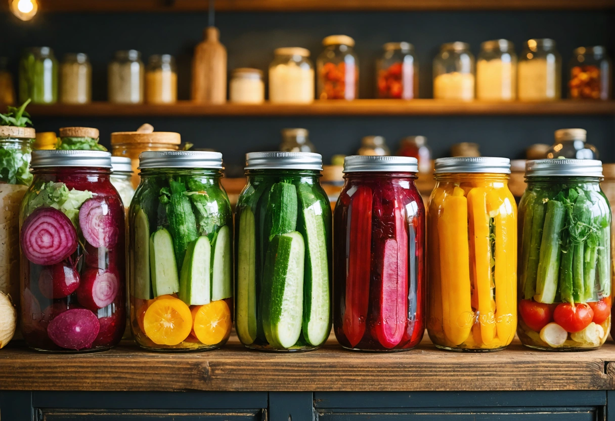 Glass mason jars filled with various preserved vegetables and ferments on a wooden shelf
