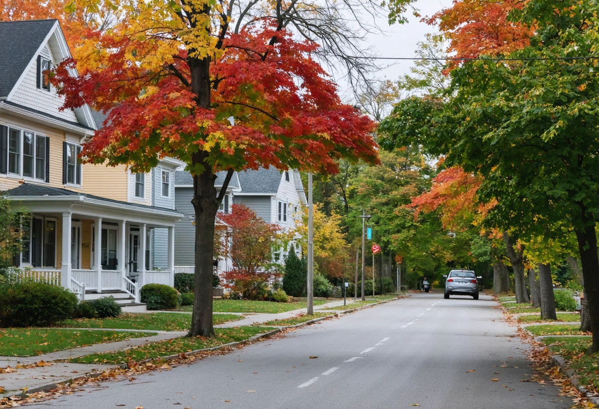 A quiet neighbourhood street in autumn with mature trees and modest family homes