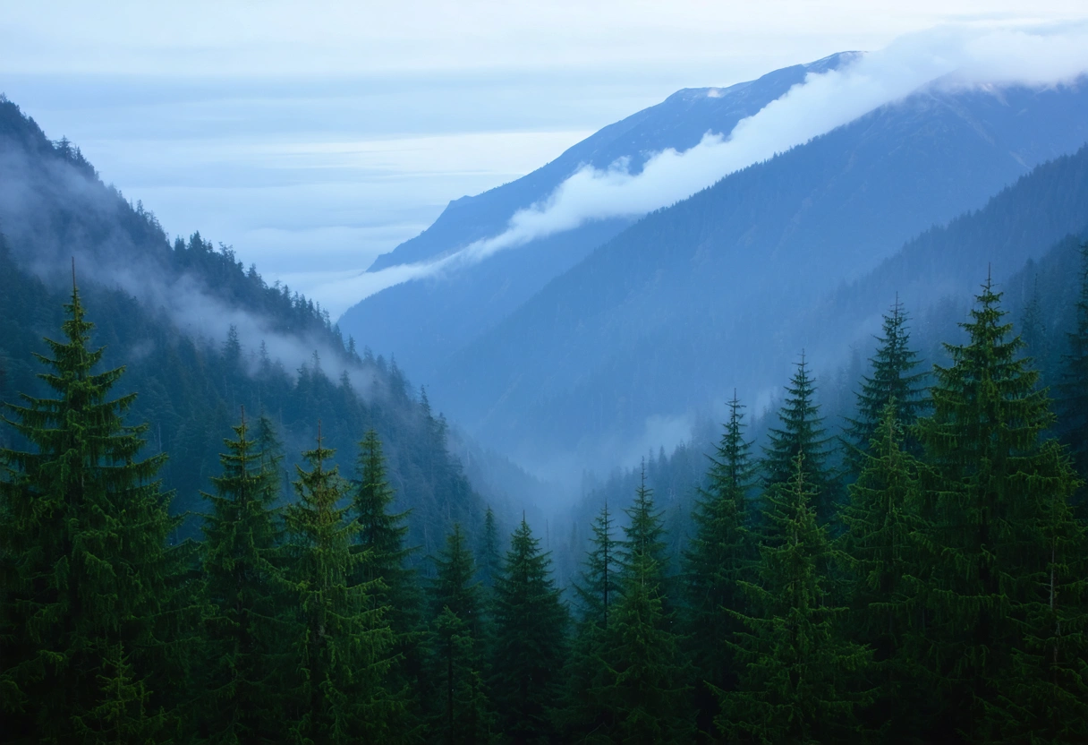A misty forest valley in British Columbia with layered mountain silhouettes