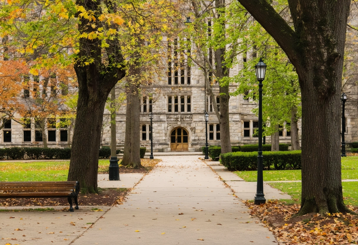 A university campus pathway through autumn trees with a stone building in the background