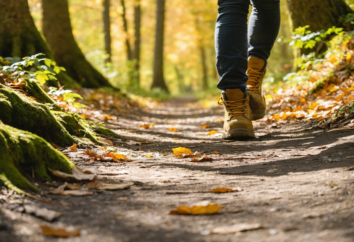 A person's feet in hiking boots on a forest trail covered with autumn leaves