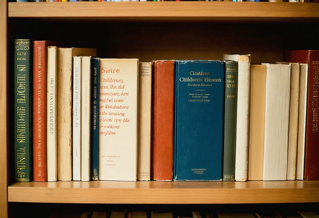 Children's picture books in English and French arranged on a wooden shelf