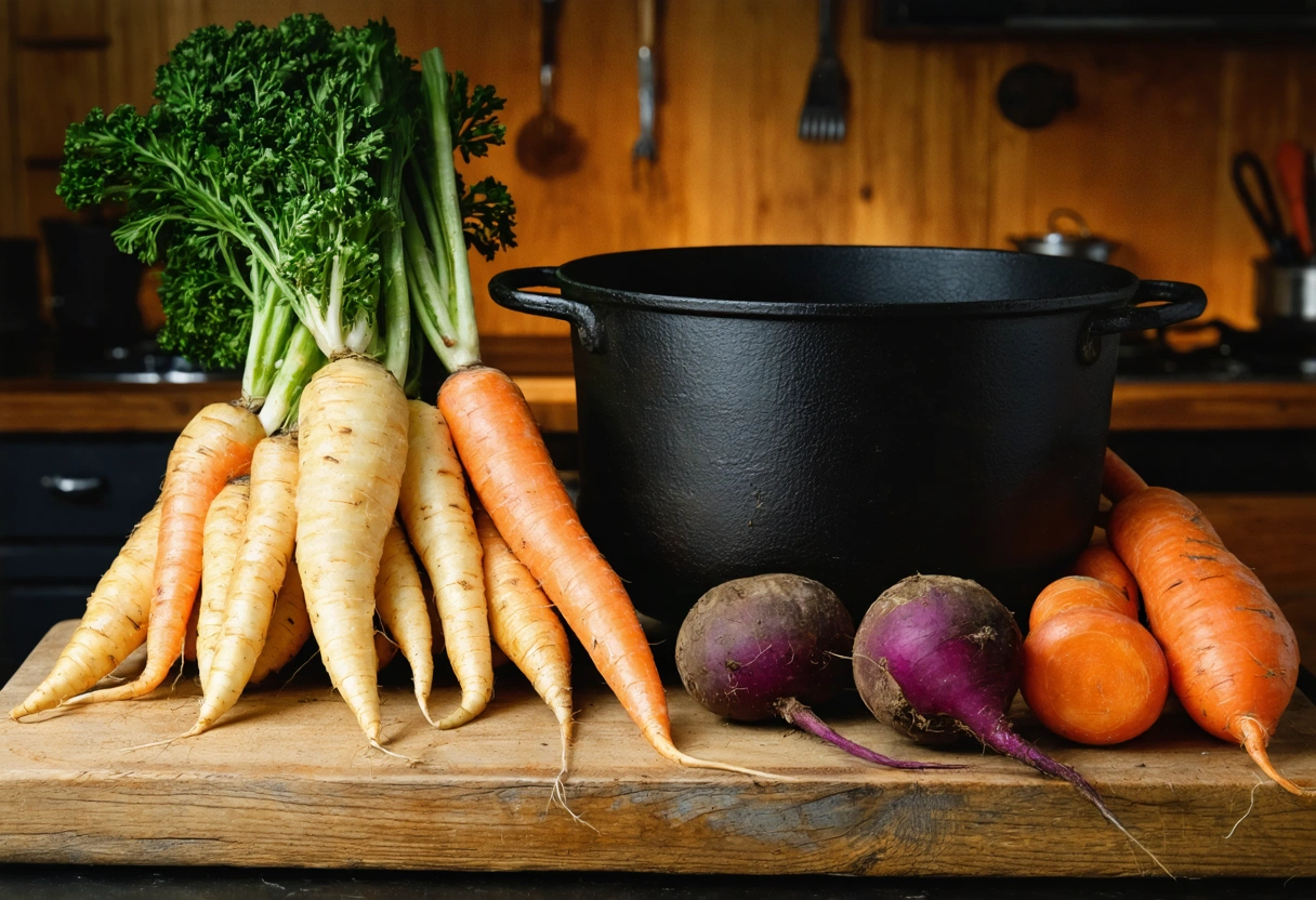 Root vegetables arranged on a worn wooden cutting board next to a cast iron pot
