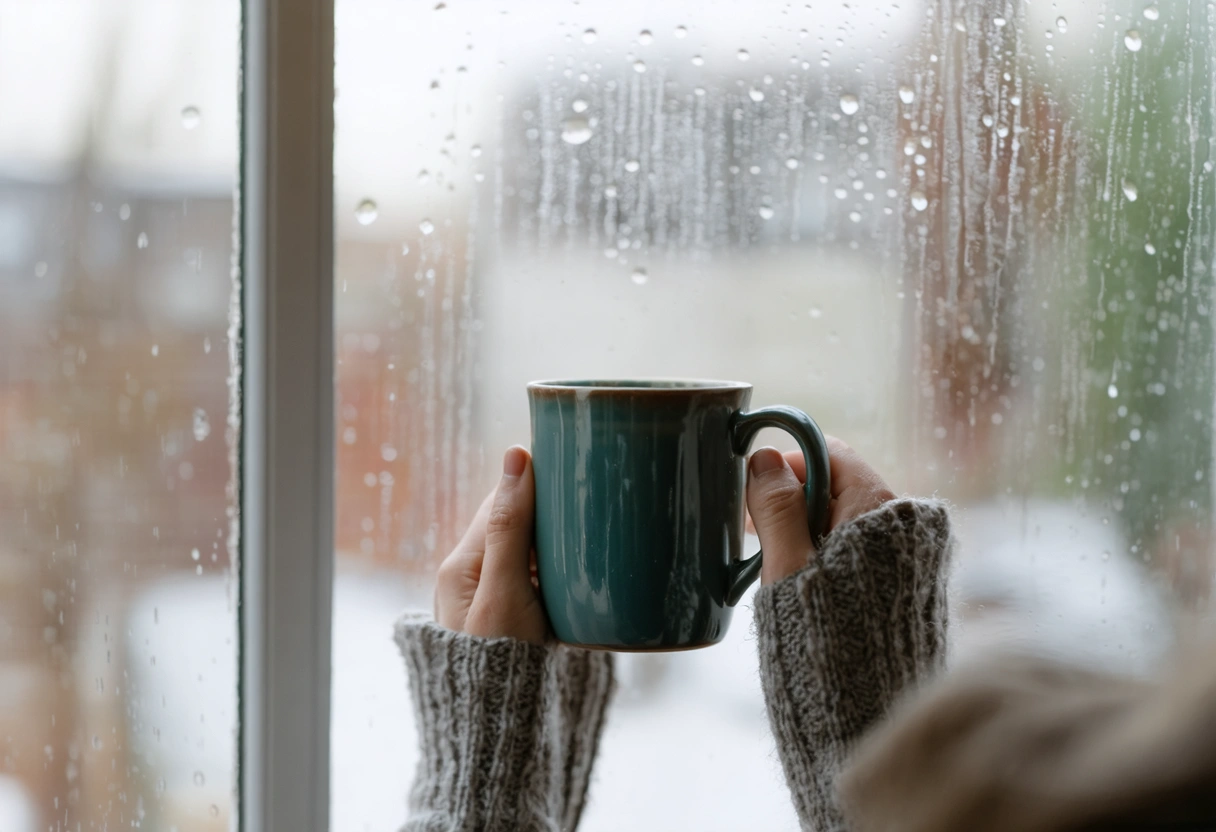 A person's hands holding a warm ceramic mug at a window with rain outside