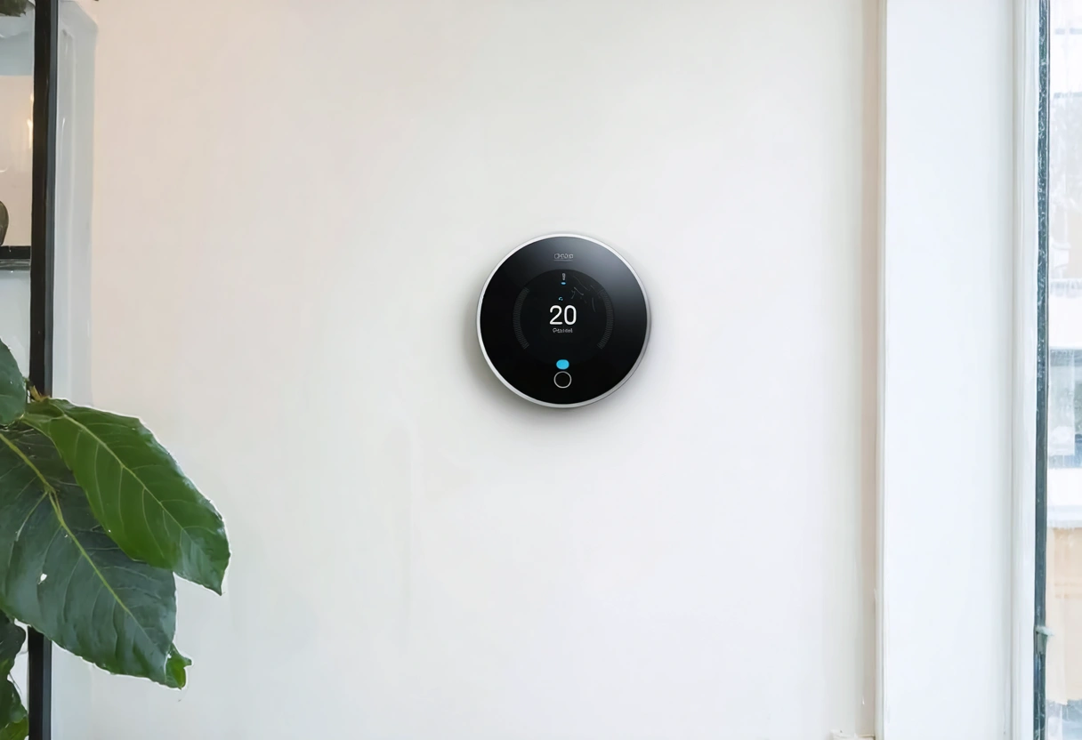 A modern Canadian home interior with a smart thermostat on the wall