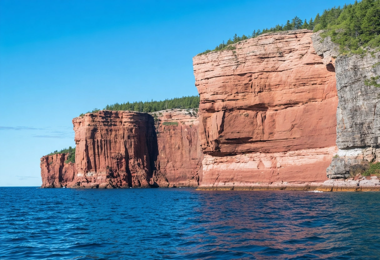 Red cliffs and calm sea along the coast of Prince Edward Island
