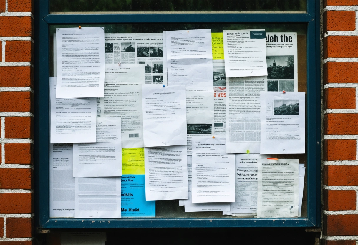 Community bulletin board with various event notices and handwritten flyers
